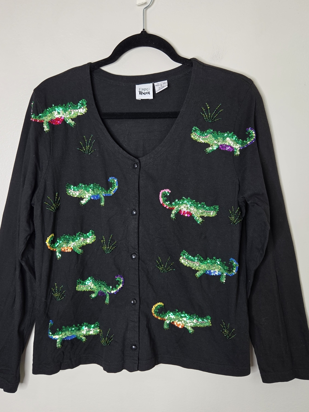 Vtg Emma Tricot Alligator Sequined Shirt Cardigan